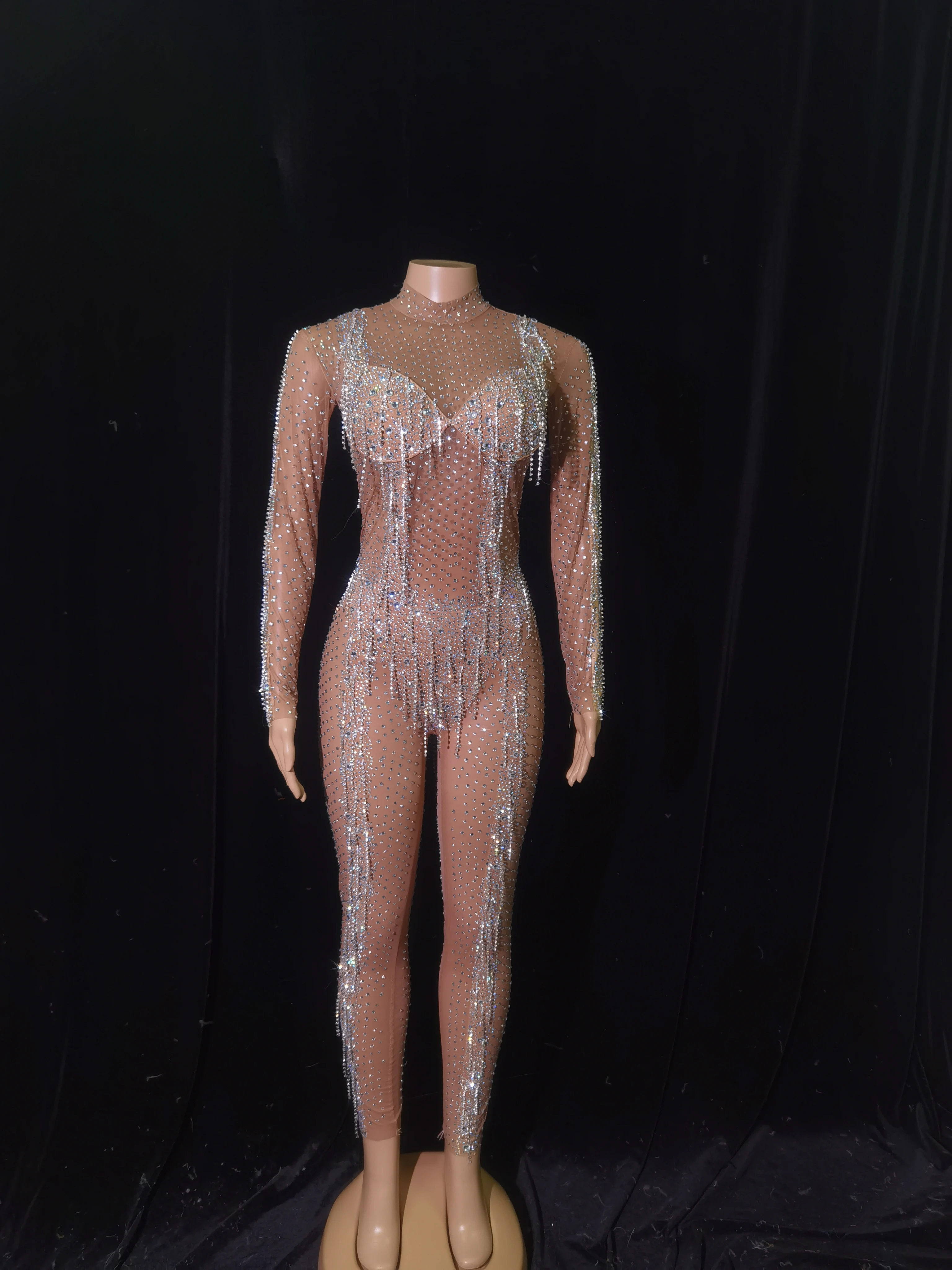 Birthday Party Nightclub Bar Female Full Diamond Chain Mesh Mesh Perspective Slim Fit Jumpsuit Super Flash