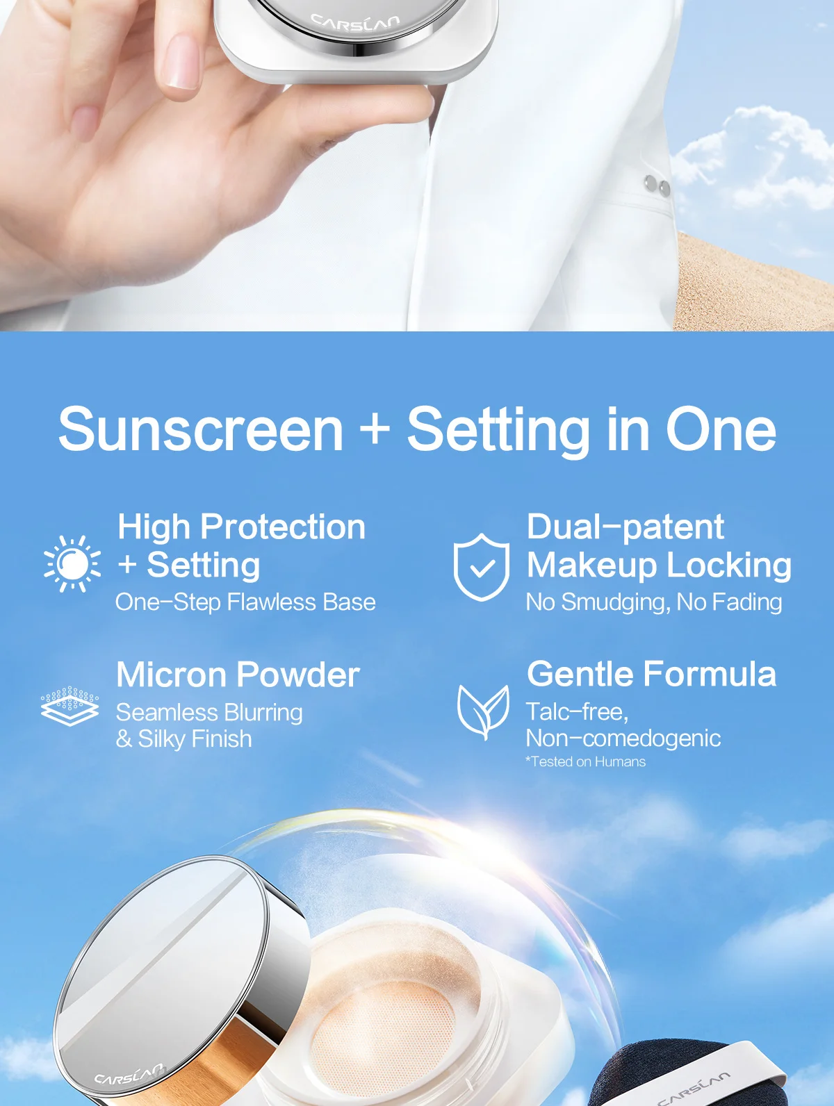 CARSLAN Cloud Touch Soft Focus Sunscreen Loose Setting Powder SPF 40 24H Longlasting Waterproof Sweatproof Face Powder Makeup