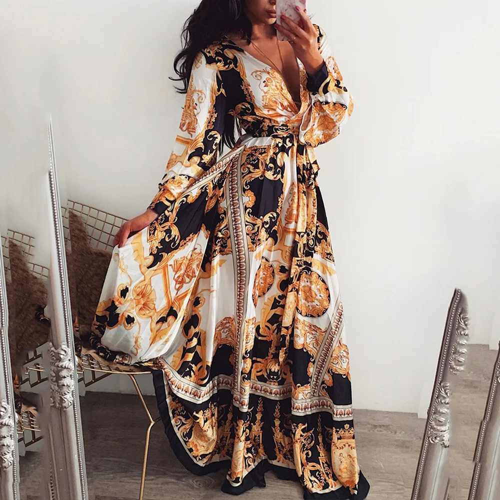 

2022 V-neck Pullover Vintage Long Sleeve Large Swing Split Sexy Evening Dress