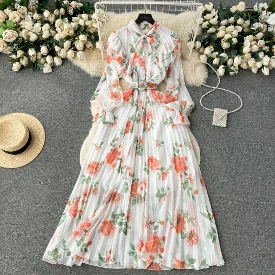 2024 French Spring New Long sleeved Heavy Crafted Pleated Bow Long Printed Chiffon Sweet Dress for Beach Vacation