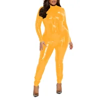 Plus Size Women Long Sleeve Skinny Jumpsuit Glossy PVC Leather Backless Hollow Out Mock Neck Catsuit Evening Cocktail Trousers - Image 4