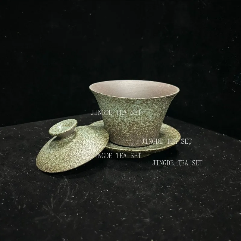 180ML Retro Coarse Pottery Three Gaiwan Household Kiln Change Ceramic Teacup Portable Beauty Tea Bowl Custom Traditional Tea Set