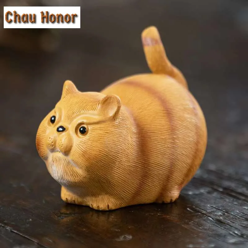 Yixing Purple Clay Tea Pet Handmade Orange Cat Statue Ornaments Tea Figurine Chinese Tiger Zisha Sculpture Tea Set Decoration