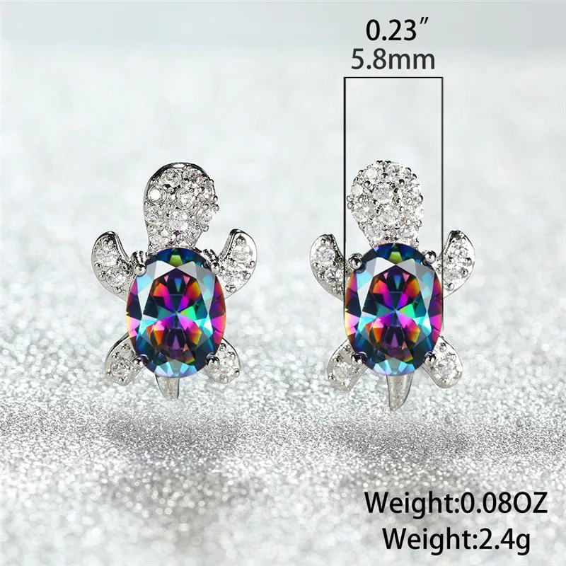 Female Rainbow Small Oval Turtle Crystal Stone Earring Classic Silver Color Wedding Jewelry For Women