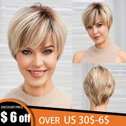 100% Remy Human Hair Mixed Blonde Ash Brown Lace Front Wigs Pixie Cut Hairs with Bang Short Straight Wig for Women Bob Human Wig