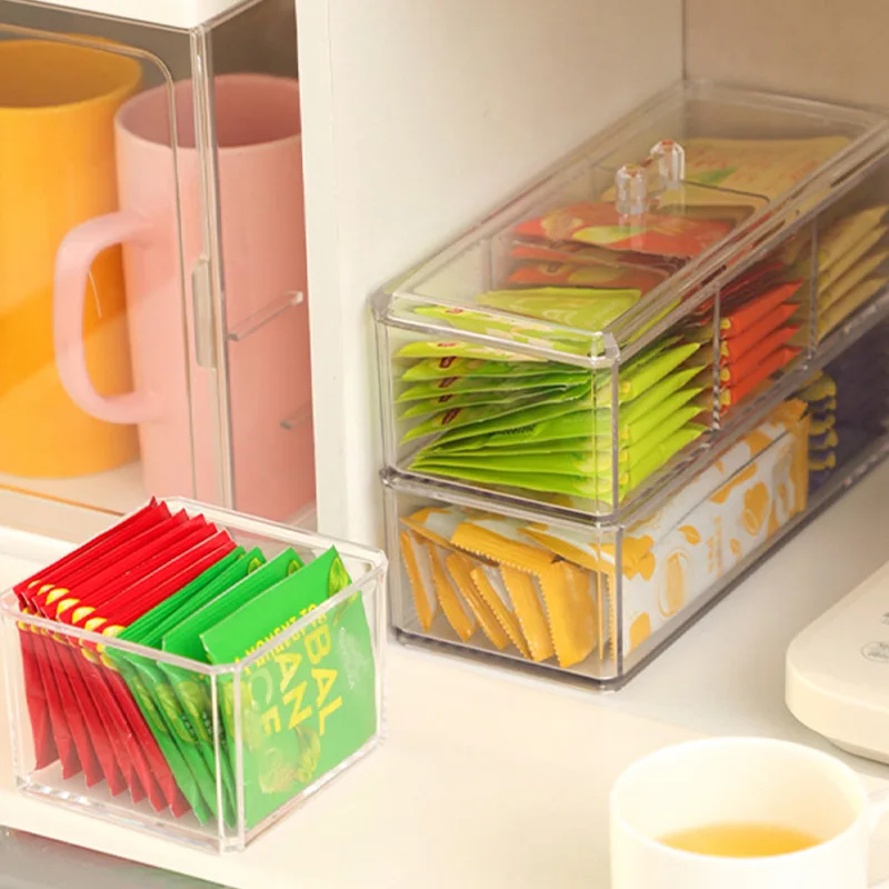 3 Cells Acrylic Storage Divider Box Tea Bag Storage Box Drawer Coffee Capsule Sorting Visible Acrylic Sealed Tank tea tin box