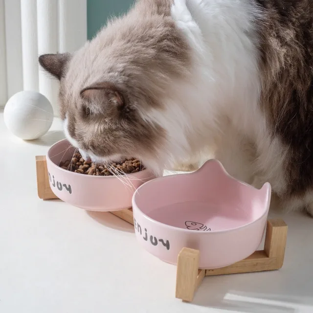 3pcs/set (1pc rack + 2pcs bowl) Non-Slip Ceramic Double Pet Food Bowl for Cats and Dogs - Prevents Spills and Slips 2