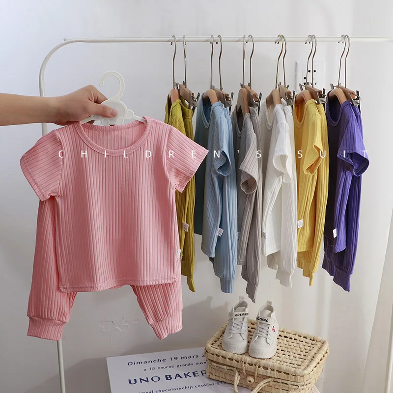 Baby Home Clothes Solid Color Pajamas Sets Toddler O-neck Tshirt+