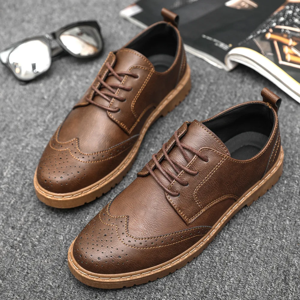 Men Dress Shoes Handmade Brogue Style Party Wedding Shoes Men'S Flats Pu Leather Oxfords Bullock Formal Shoes Lace Up Loafers