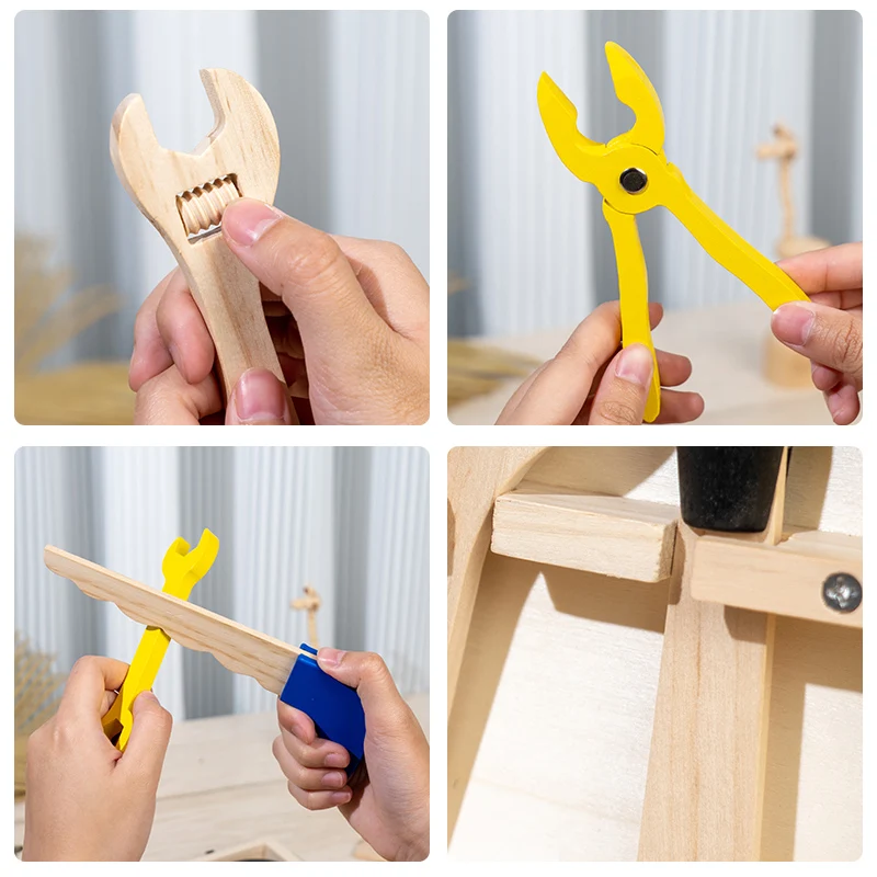 Wooden toolbox toys equipped with tools such as saws, hammers, square rulers, wrenches, screwdrivers, etc