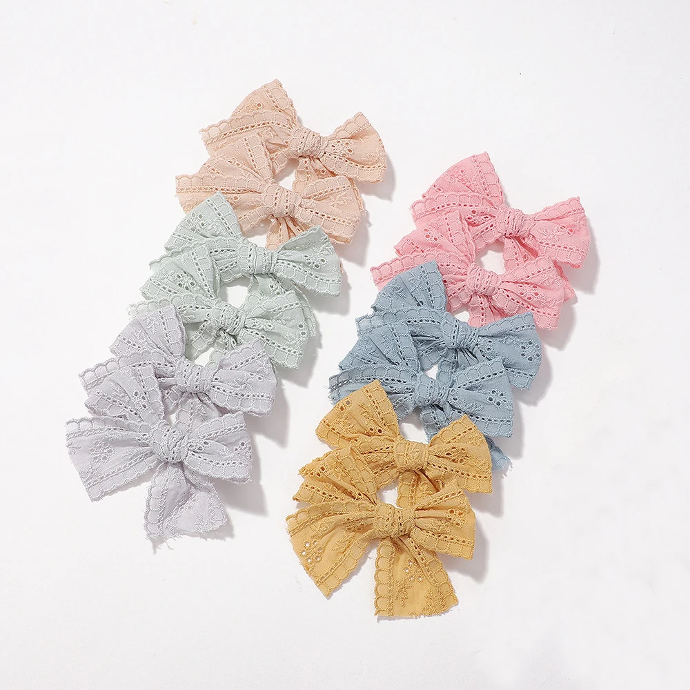 

60 Pcs/lot, 3.8" Handtied Lace Hair Bow Clips School Girls Lace Embroidery Bow Hairpins Baby Hair Accessories Photo Props