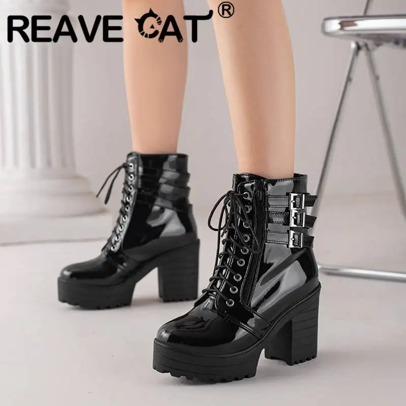 

REAVE CAT Design Shoe Woman Mid Calf Boots Round Toe Block Heel 9.5cm Zipper Lace Up Belt Buckles Size 33 Size 43 Concise Dating