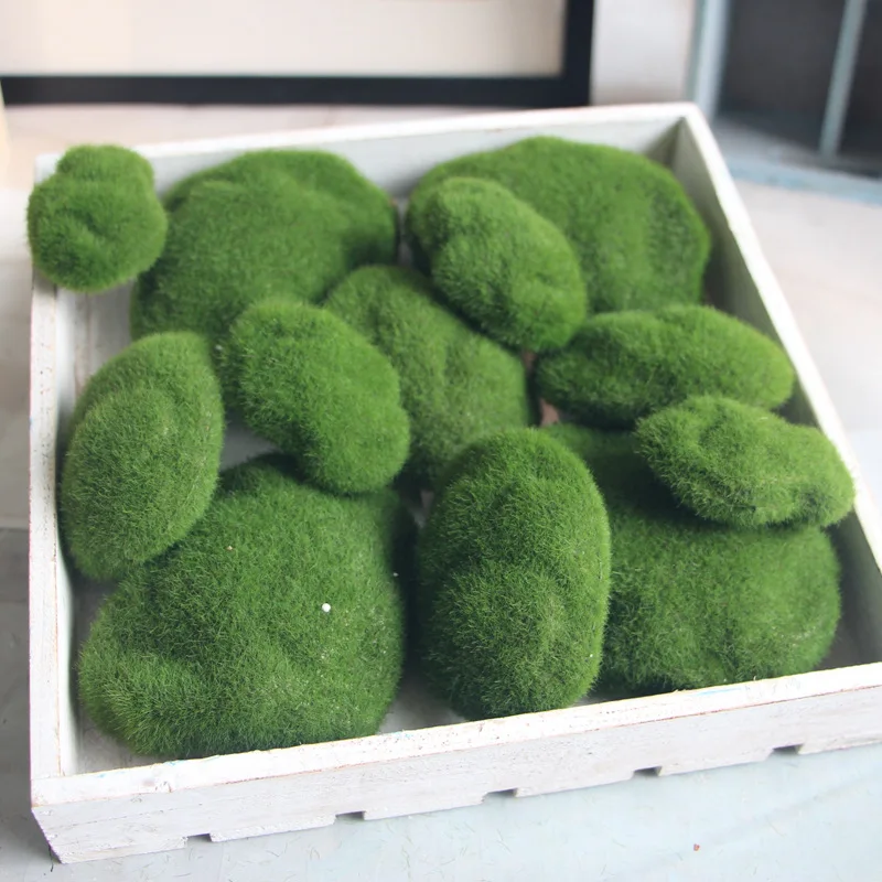 10Pcs Artificial Rocks with Moss Green Fake Moss Pebbles Stone for Patio Aisle Gardens Floral Arrangements Decorations