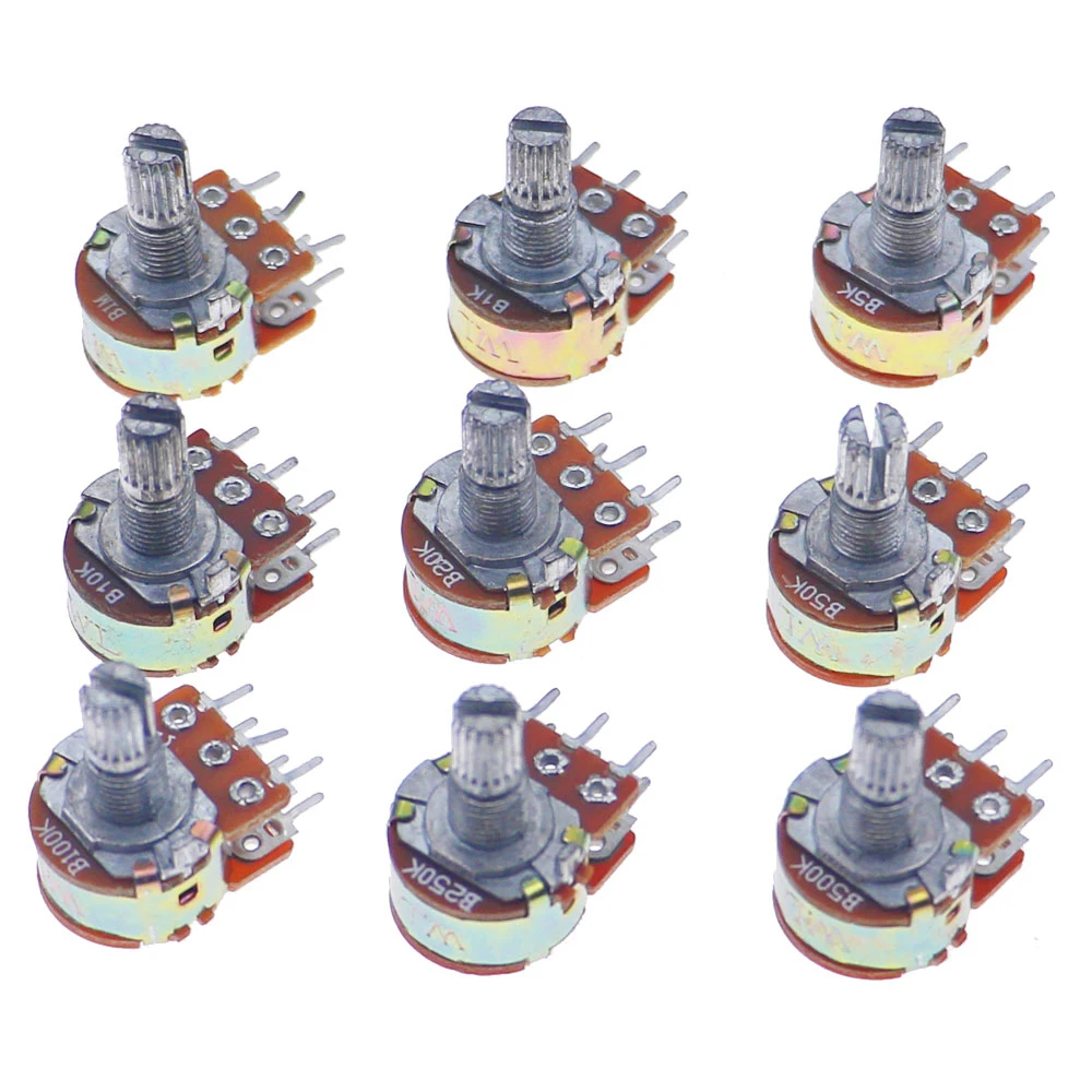 Wh148 Dual Gang Stereo 6pin Potentiometer kit 1k 5k 10k 20k 50k 100k 250k 500k 1M with knobs Single Shaft Nuts+BOX 45pcs