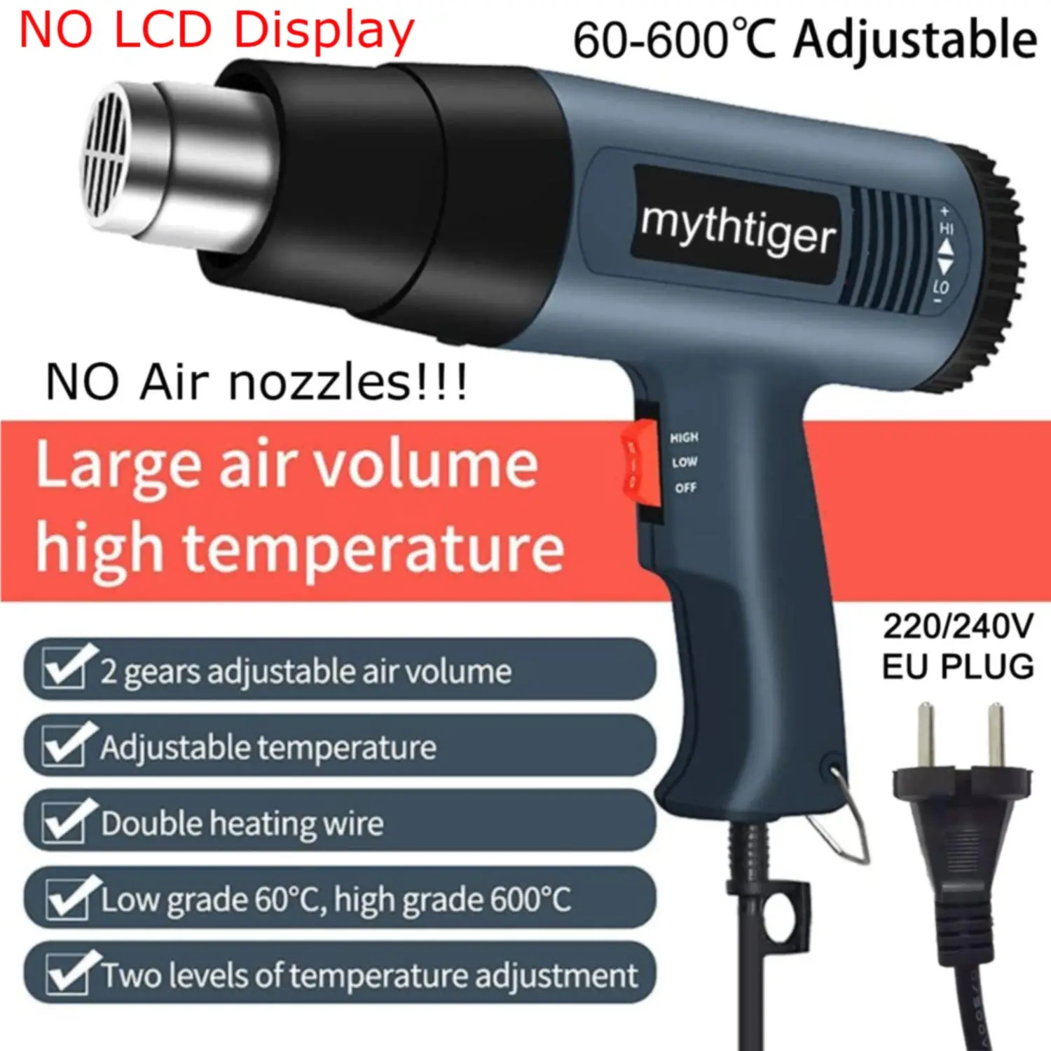 2000W Heat Gun Professional Hot Air Gun Adjustable Temperature 60-600 D 4 Nozzles for DIY Stripping Paint Shrinking PVC and Home 2