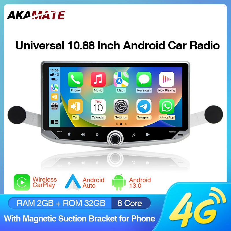

10.88'' Android Car Radio 2+32G Car Stereo CarPlay Android Auto 2.5D Screen Universal Multimedia Player Support 4G SIM Card