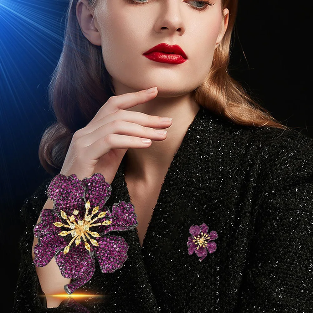Luxurious Brooch for Women Crystal Zircon Purple Flower Brooches Badge Party Banquet Shiny Designer Pin Accessory Corsage Gifts