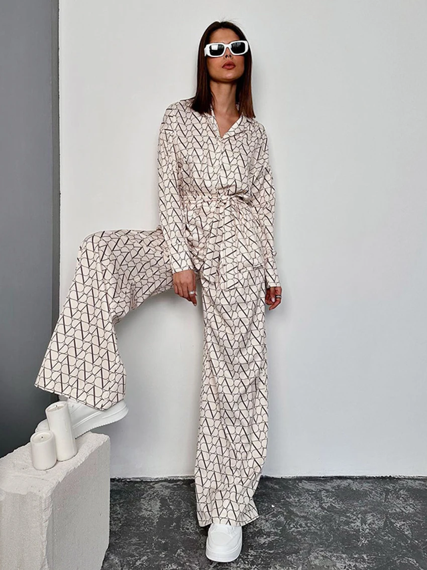 Marthaqiqi Causal Femme Sleepwear Set Turn-Down Collar Nightgowns Lace Up Nightie Long Sleeve Nightwear Pants Ladies Pajama Suit