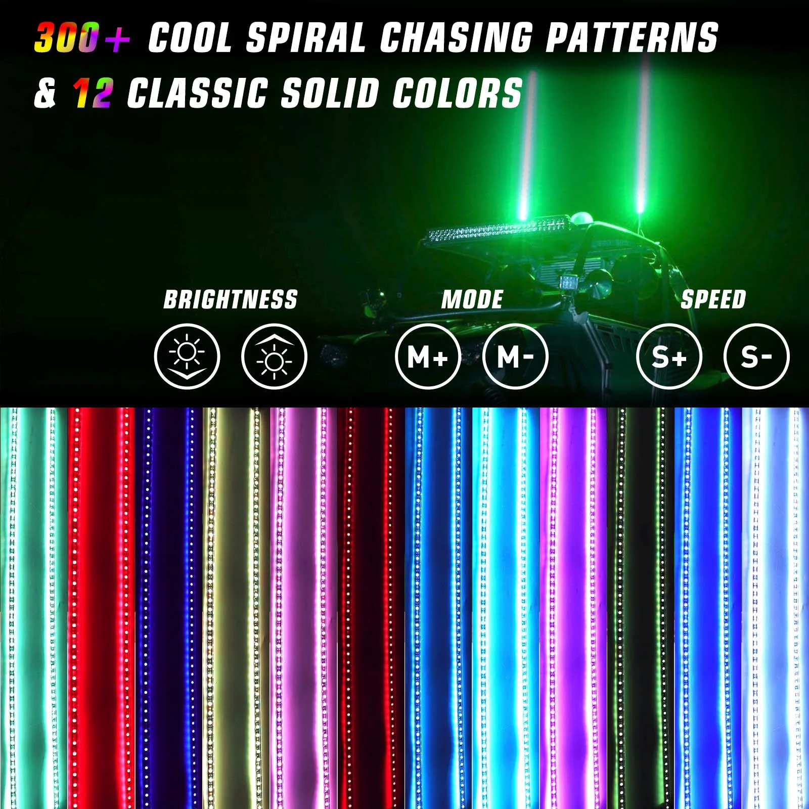 2PCS 4FT RGB Spiral LED Whip Light for UTV ATV Brake Light for Polaris RZR 800 900 1000 XP Can-Am Maverick X3 APP Remote Control