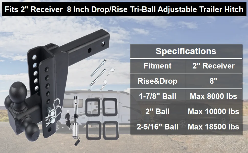 2inch Receiver, 8 Inch Drop/Rise, GTW 18500 LBS, Adjustable Trailer Hitch