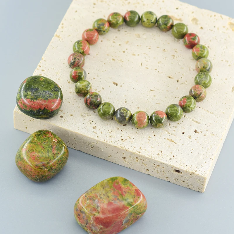 Bracelet Perles En Jaspe Unakite (pierre Naturelle) - Fait Main, Taille Sur Mesure, Neuf