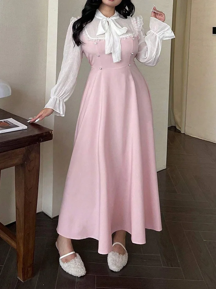 GIBSIE Plus Size Bow Tie Neck Lace Trim Sweet Long Dress 2025 Women's Autumn High Waist Long Sleeved Vintage A-Line Dresses
