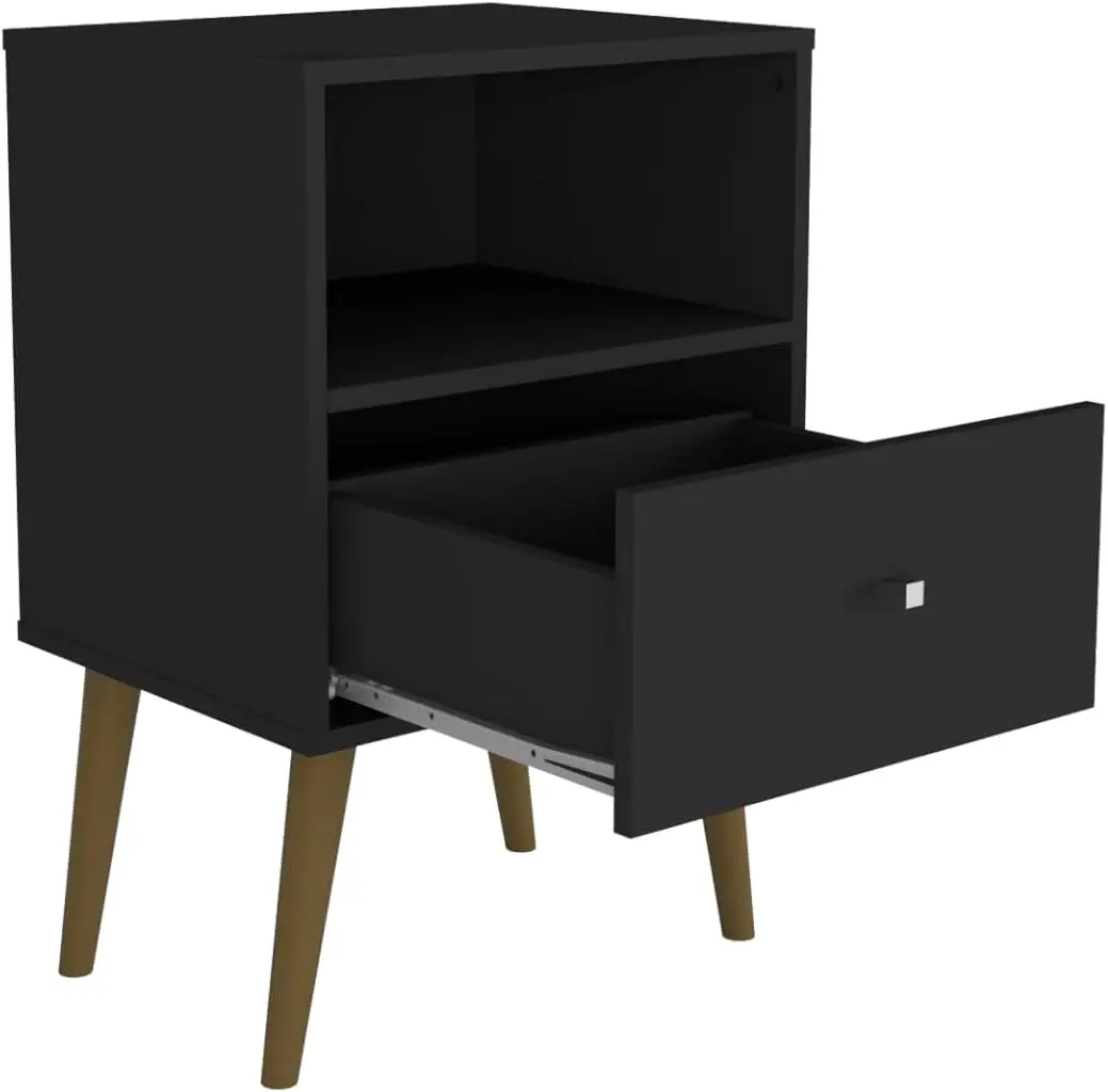 Liberty Mid Century Modern Nightstand with Drawer & Cubby, Bedside Table for Bedroom/Living Room, Black, Easy Assembly