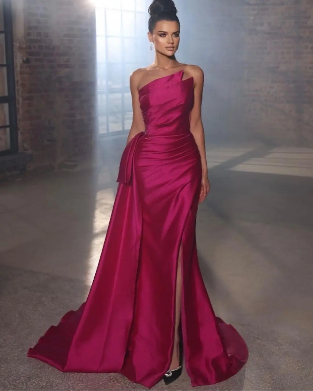 

Merida Long Side Slit Evening Dresses Strapless Satin Mermaid Ruched Beads Sleeveless Formal Occasion Graduation Dresses 2023