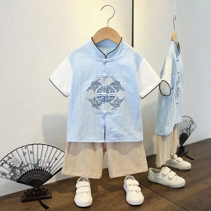 Fashion Chinese Style Boys' Short Sleeved Tang Suit Tops Pants Baby Hanfu Ethnic Style School Martial Arts Performance Clothing