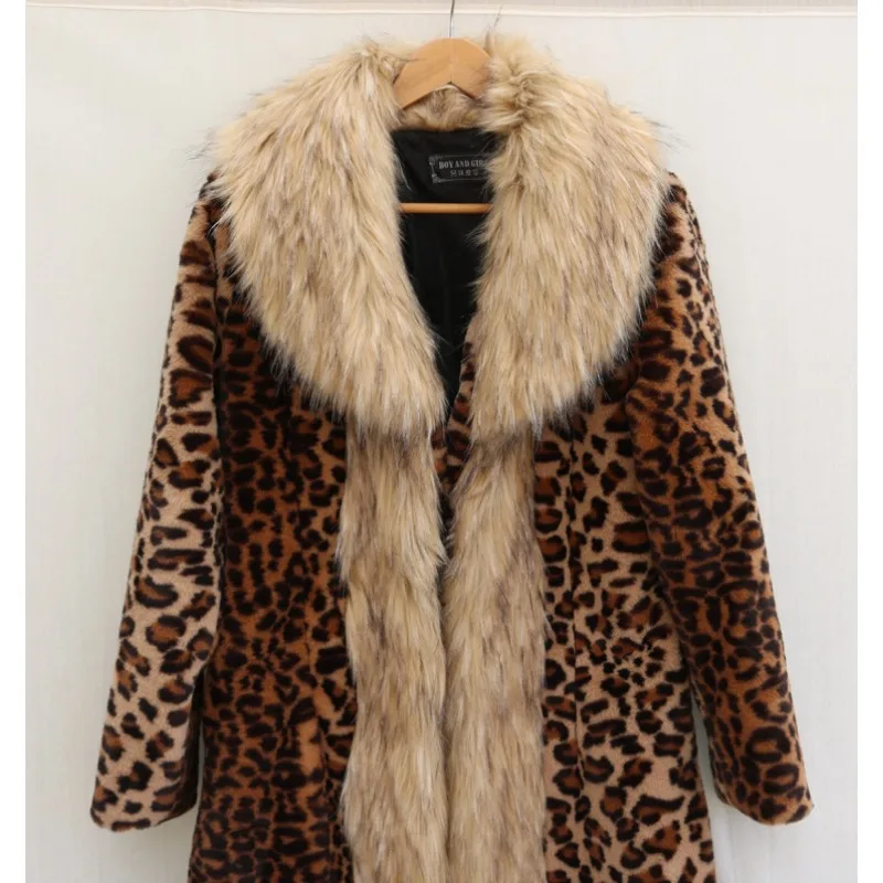 Luxury Brand Long Fur Coat Women Large Size Faux Fur Jacket Leopard Print Big Fur Collar Windbreaker Women Clothing High Quality