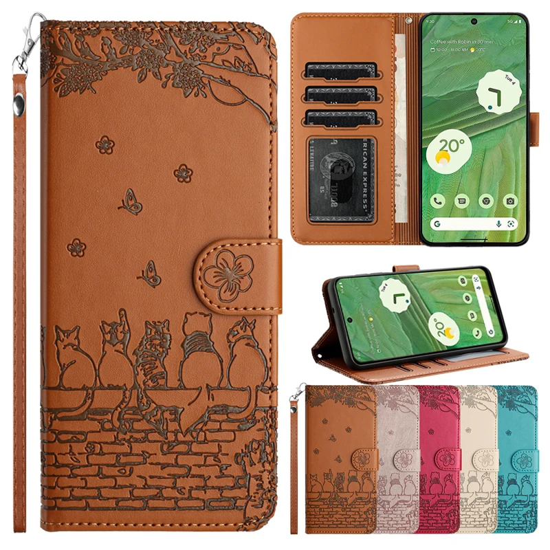 

Wallet Cat Embossed Flip Over Leather Case For Google 8 8 Pro 7 7 Pro 7A Exquisite Leather Case With Hand Rope Leather Cover