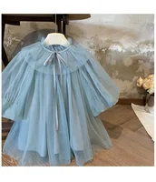 Robe en Tulle de couleur unie pour petites filles, décolleté à volants, nœud papillon au dos, manches bouffantes, jupe élégante en maille superposée 3
