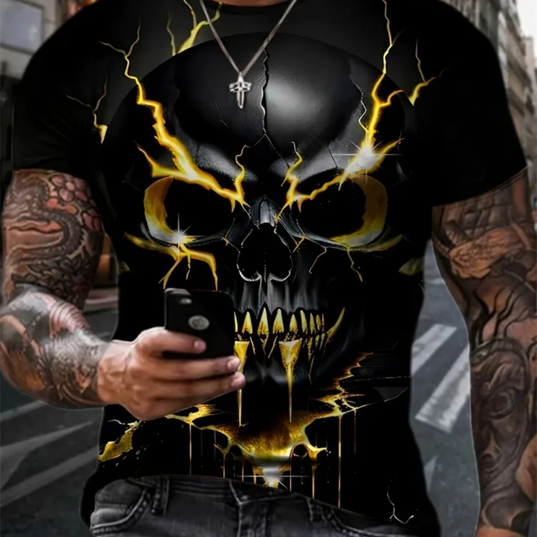Mens Oversized 3D Skull Print T-Shirt - Summer Horror Fashion Tee