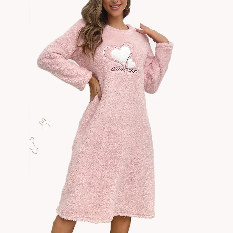 Heart Print Flannel Nightgown for Women Winter Women Long Sleeves Nightgowns Long Woman Sleepshirt Pullover Pajama Dress