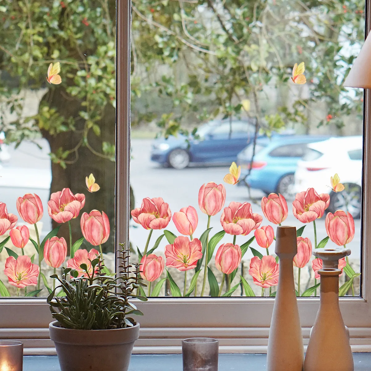 Pink Tulip & Butterfly Window Cling Stickers 56x29cm Double-Sided View Static Decals Home Decor Films