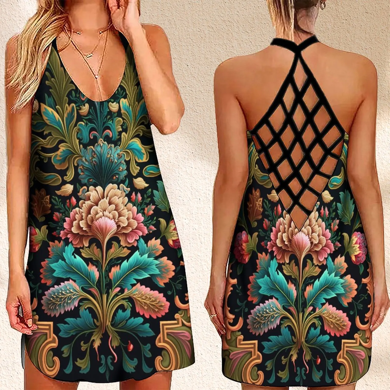 

New Women's Criss Cross Backless Sleeveless Dress SummerBaroque Flowers Print Short Dresses