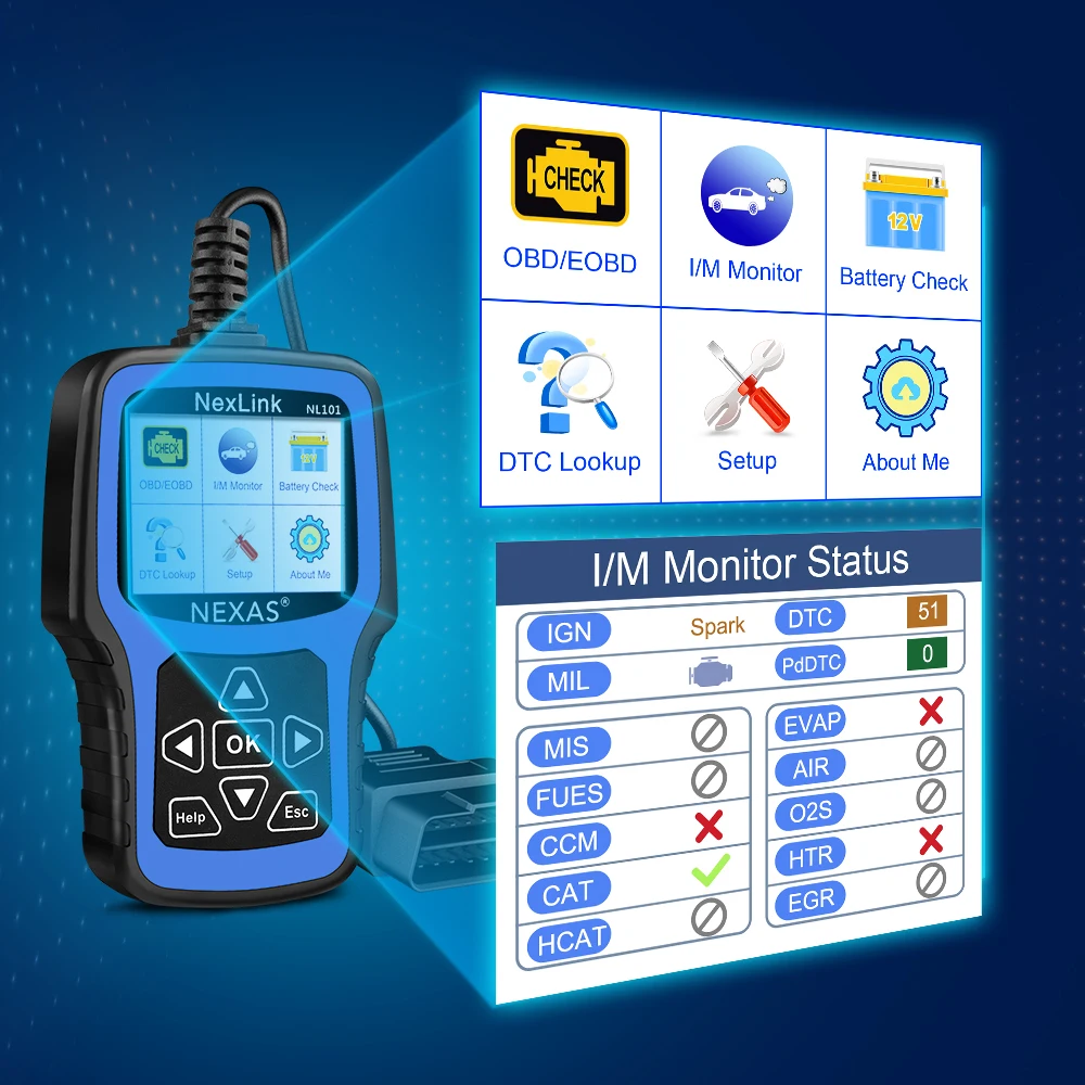NEXAS NL101 OBD2 Scanner Diagnostic Tool with Battery Test Check Car Engine Light OBDII Function Live Data Stream Code Reader 2