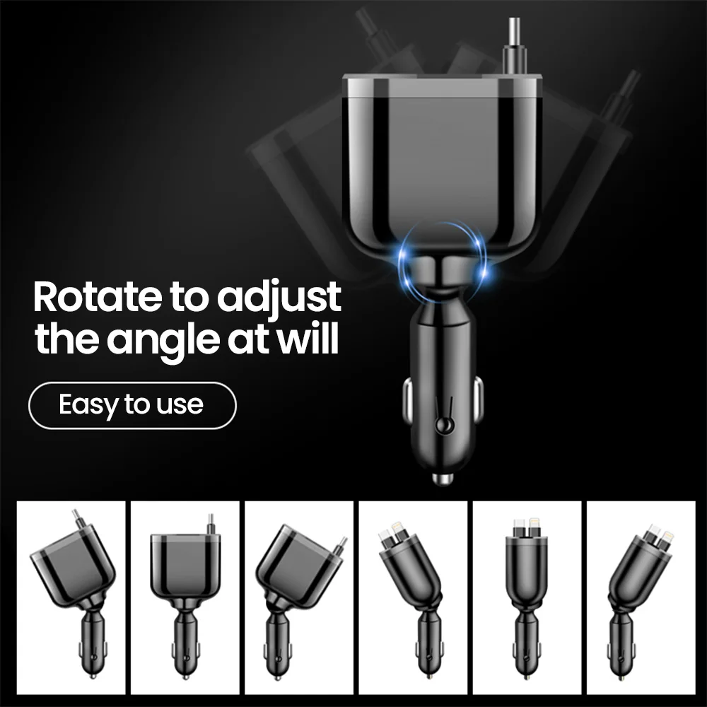 Elough 5 IN 1 Car Charger Retractable USB C to Lightning Cable 2 Type C Port Car USB Charger For IPhone Phone Adapter Compatible