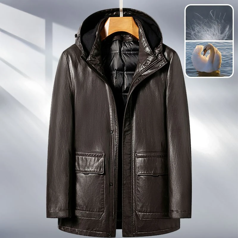 2023 New Genuine Leather Clothes Men Hooded Sheepskin down Jacket Detachable Duck down Liner Business Soft Leather Coat
