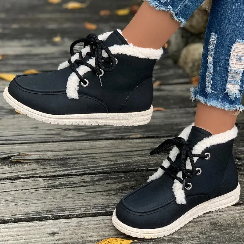 

Женская обувь 2023, модные женские ботинки на шнуровке, зимние теплые Удобные однотонные плюшевые ботинки с круглым носком на низком каблуке
