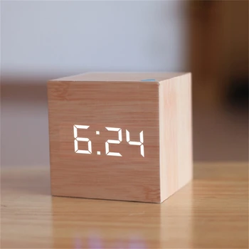 Square Digital LED Alarm Clock Wood Retro Glow Clock Desktop Table Decor Voice Control Snooze Function Desk Clock 2