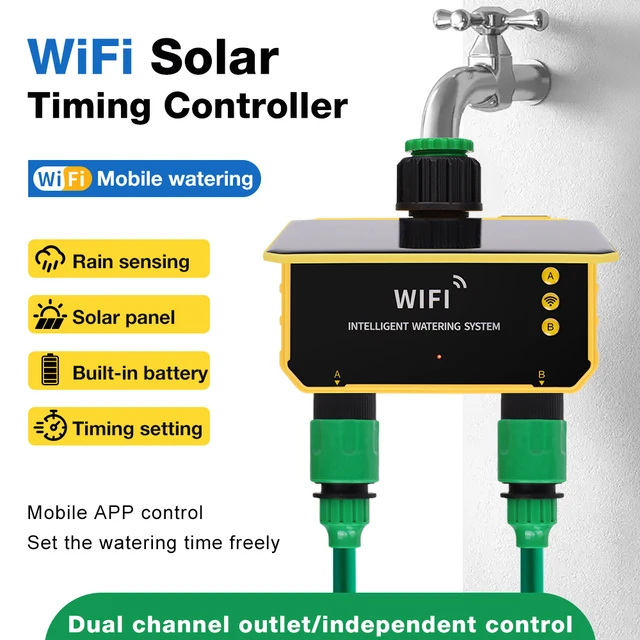 1/2 Outlets Watering Timer Smart WiFi Irrigation Timing Controller Solar Charging Digital Sprinkler Timer Water Valve Controller 5
