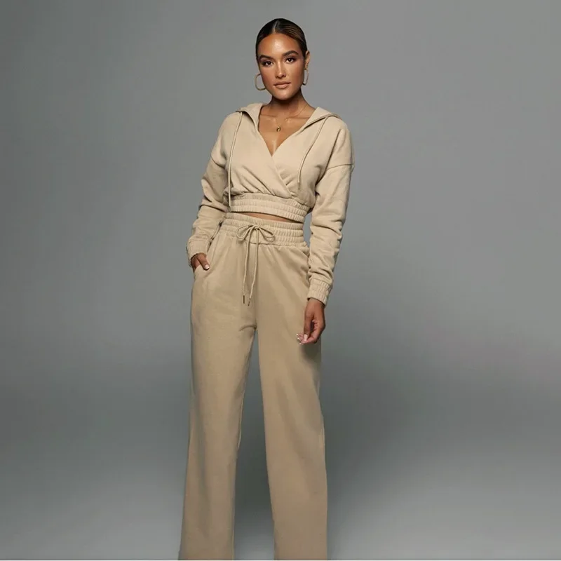 

Solid Pleated Design Sweatshirts Womens All-match V-neck Pullovers Hoodies and America Trousers Suit Women Sweatshirt Suit