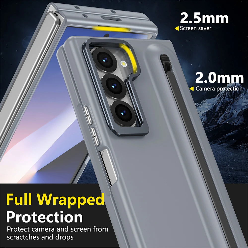 Premium Metal Lens Stand Case with S Pen Slot and Tempered Glass Protector for Samsung Galaxy Z Fold Series