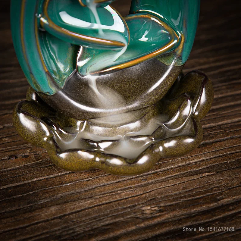 Ceramic Backflow Incense Burner, Creative Ornaments, Green Square, Round, Kiln Variable Decoration Ornament, Aroma Diffuser, 1Pc