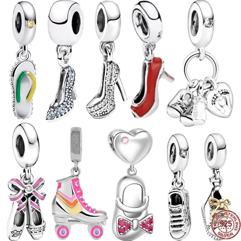 

Hot Sale 925 Sterling Silver Pink Ballerina Shoes & Pavé Stiletto Shoe Dangle Charm Jewelry Beads Fit Original Pandora Bracelet