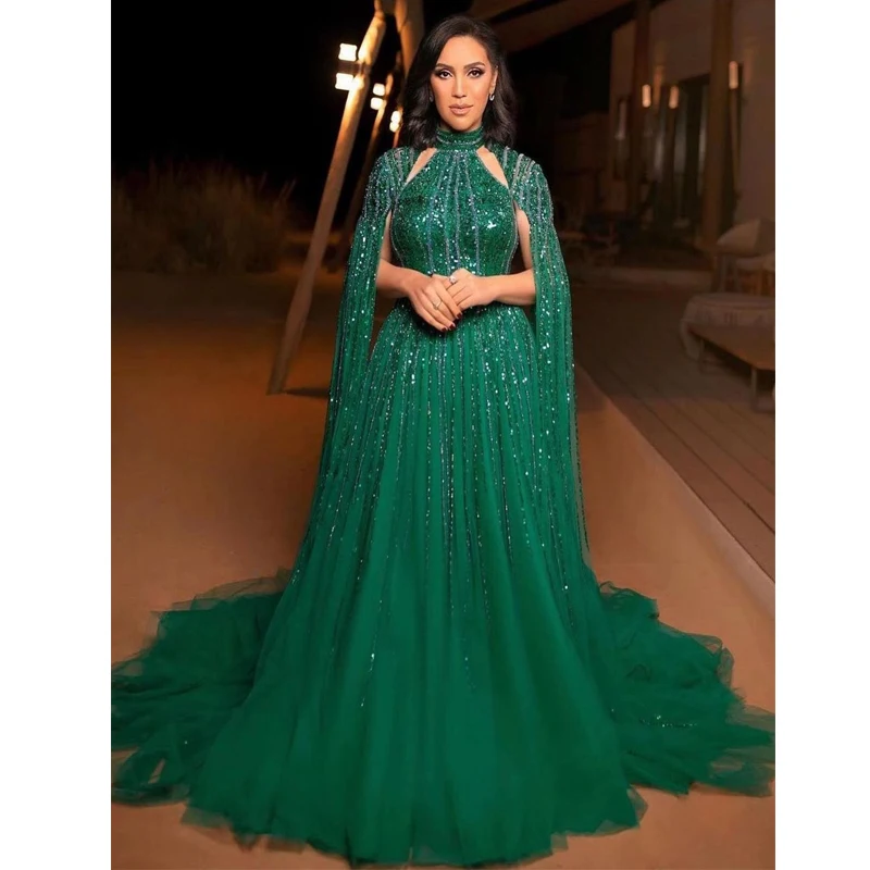 Emerald Green Muslin Mermaid Elegant High Neck Evening Dresses Beaded