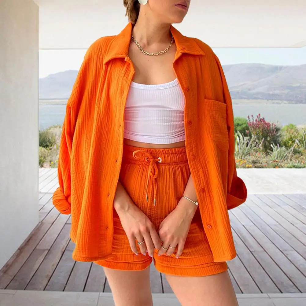 

2 Pcs/Set Lapel Long Sleeve High Waist Drawstring Pockets Women Outfit Solid Color Pleated Shirt Wide Leg Shorts Set Tracksuit
