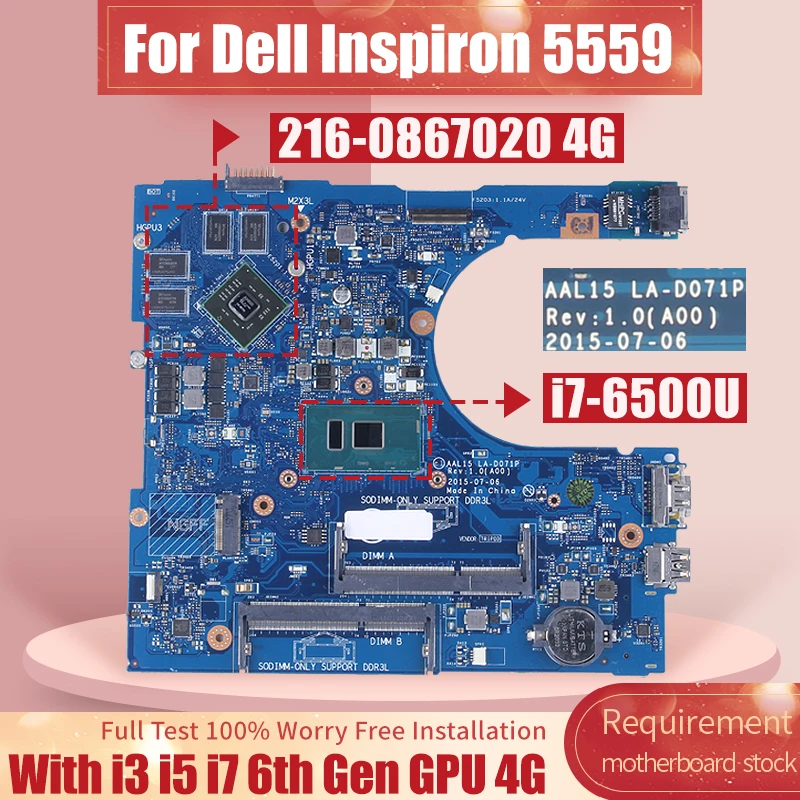 Placa-mãe do Portátil para Dell Mainboard Dell Inspiron 5759 5459 5559 La-d071p 0yvt1c 086v8h 0px6jh 0f1j0w 0vyvp1 i3 i5 i7 6o Caderno