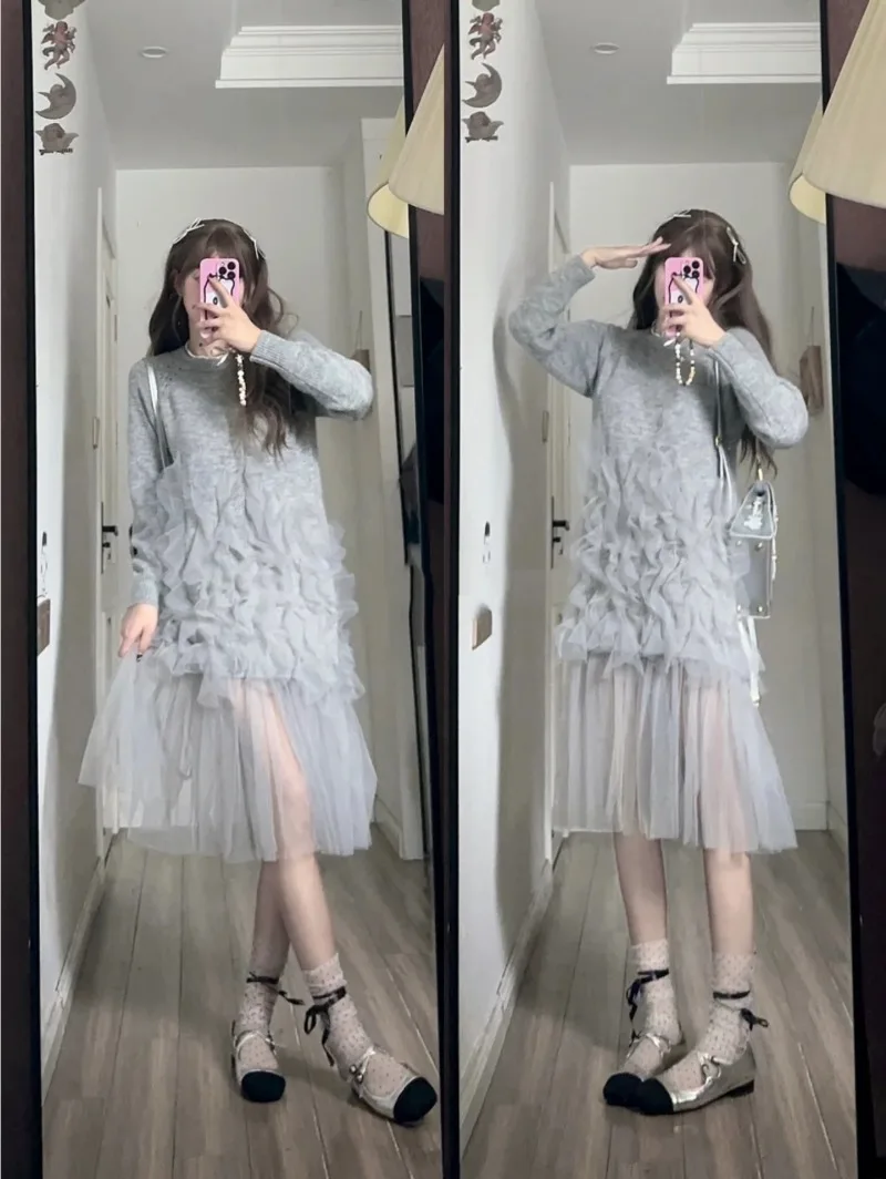 Sweet Hot Girl Chiffon Mohair Thin Knitted Dress Women's Autumn/Winter O-neck Long-sleeve Patchwork Dress Fashion Female Clothes 4